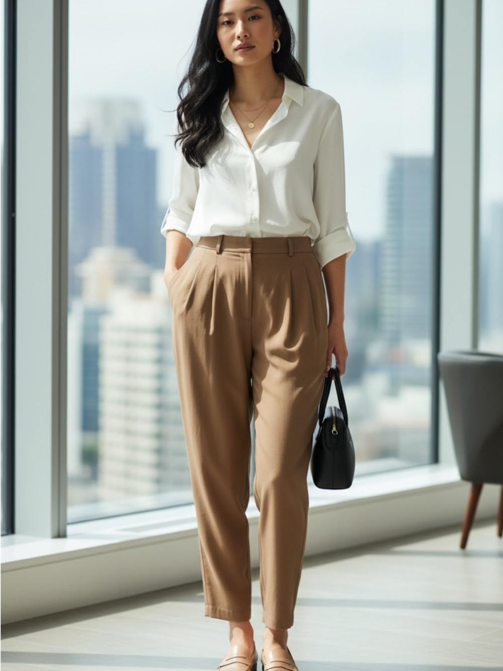 Vintage Pure Silk High Waisted Pleated Waist Tapered Cognac Lightweight Trouser